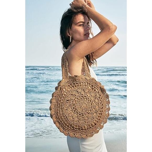 BOGO. Boho Handmade Woven Straw Bag Dark Brown Beach Tote, BOGO Buy 1 Get 1 Free - Picture 5 of 7